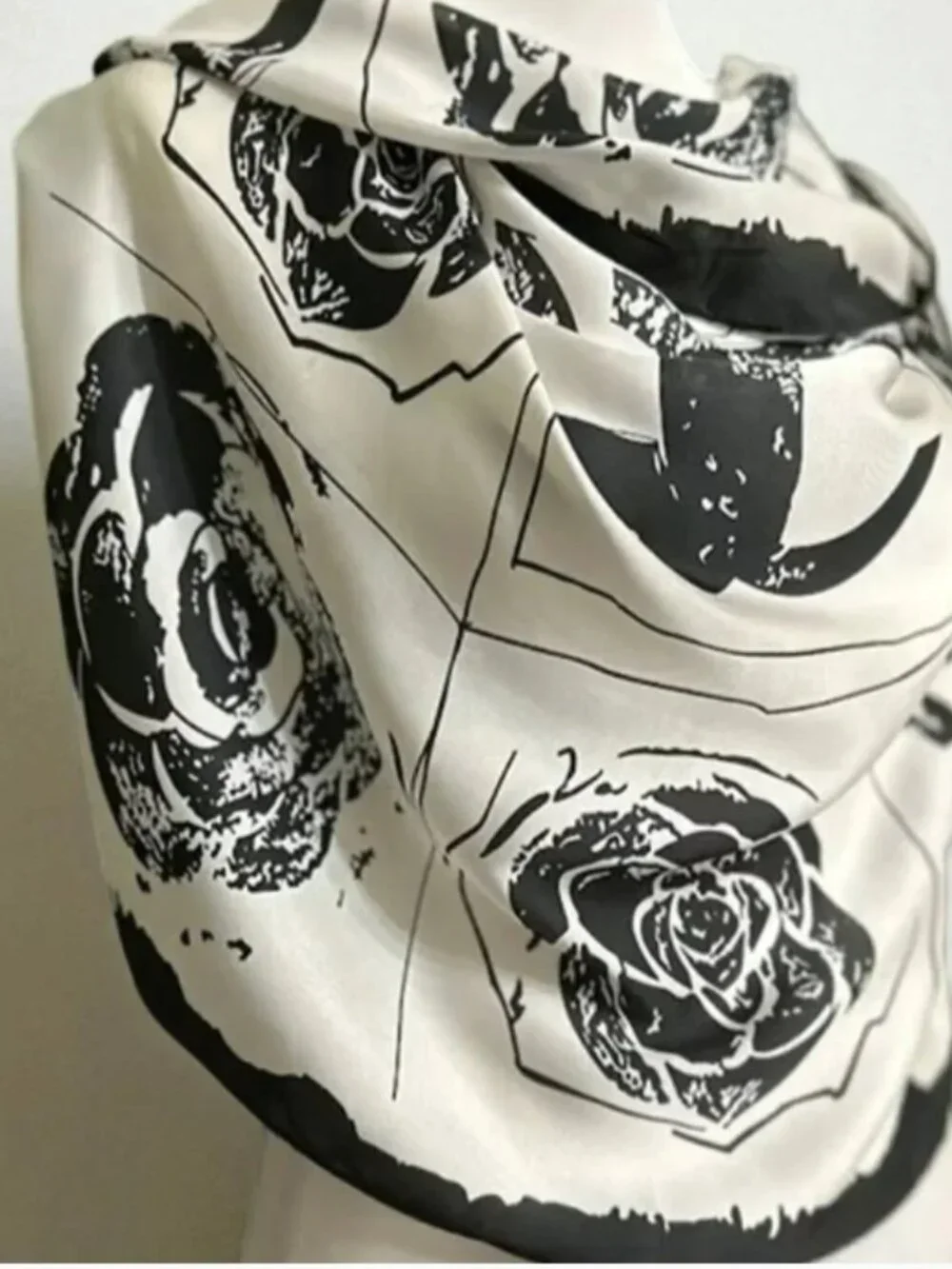 Black Ivory Floral Abstract Square Scarf 27x27 Lightweight Elegant Wrap